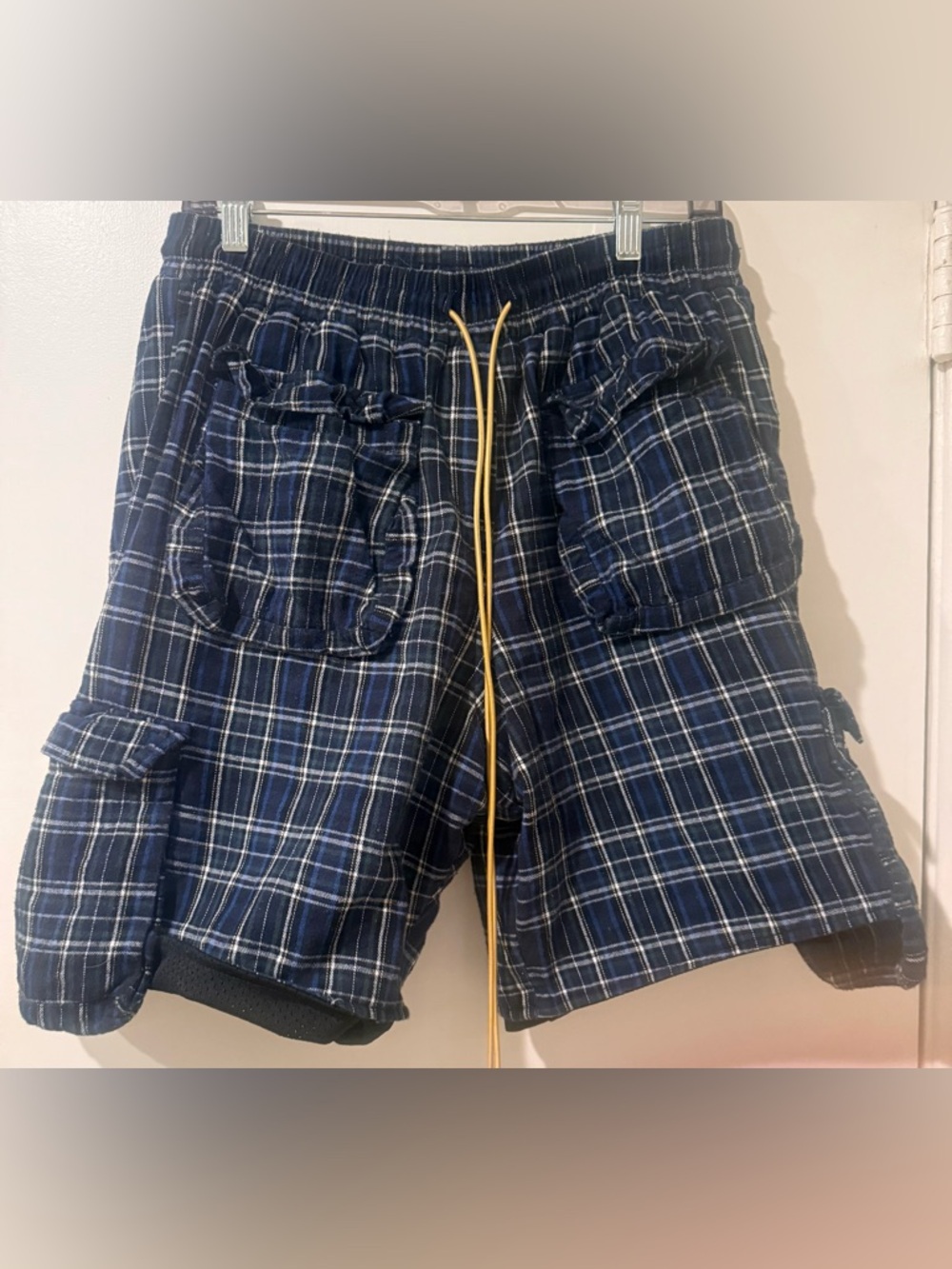 Rhude Tartan Plaid Flannel Cargo Shorts (Blue/Green/White, Large - 32” waist)